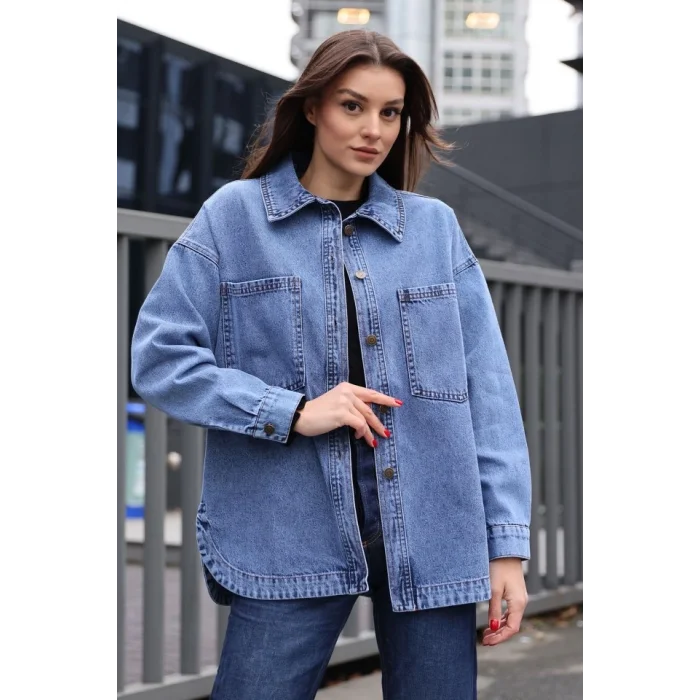 0694 Çift Cepli Oversize Denim Ceket - Lacivert