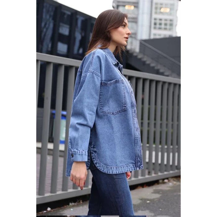 0694 Çift Cepli Oversize Denim Ceket - Lacivert