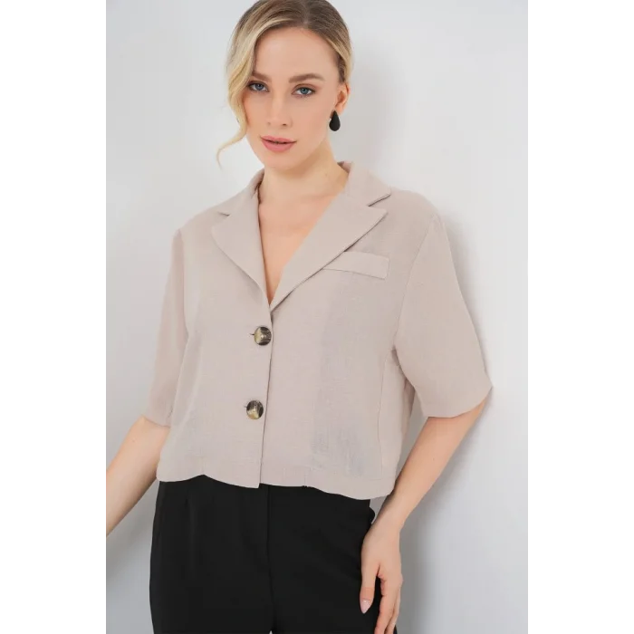 0706 Crop Keten Ceket - Bej