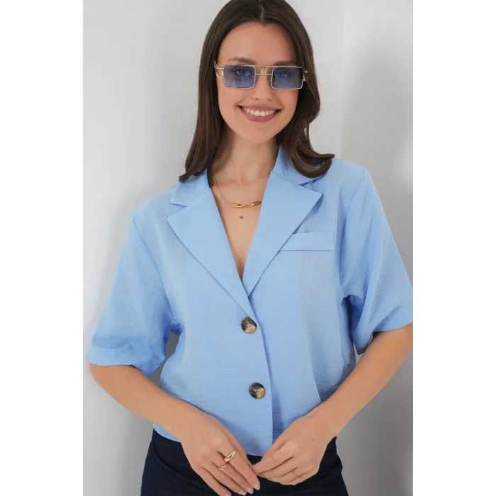 0706 Crop Keten Ceket - Mavi