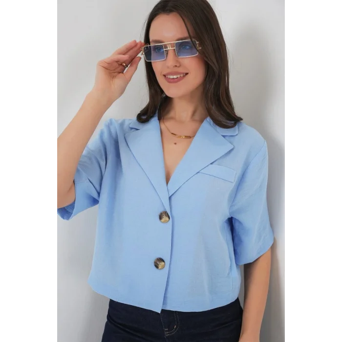 0706 Crop Keten Ceket - Mavi