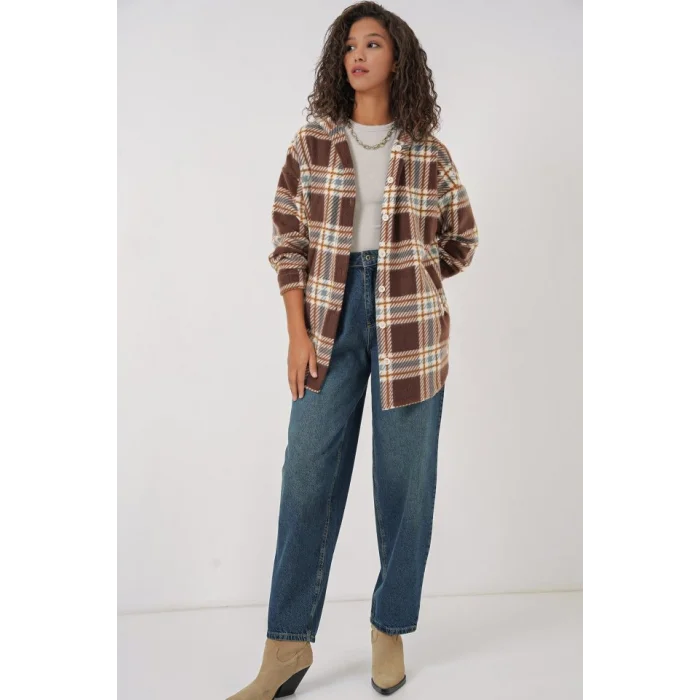 0710 Kapüşonlu Oversize Gömlek - C. Kahverengi