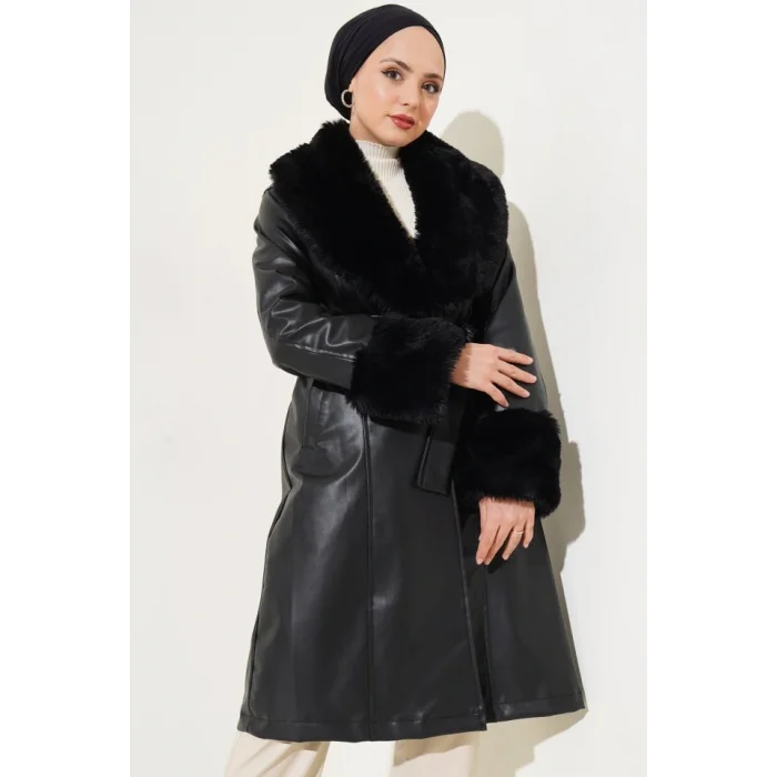 1026 Yaka Kürklü Kemerli Suni Deri Mont