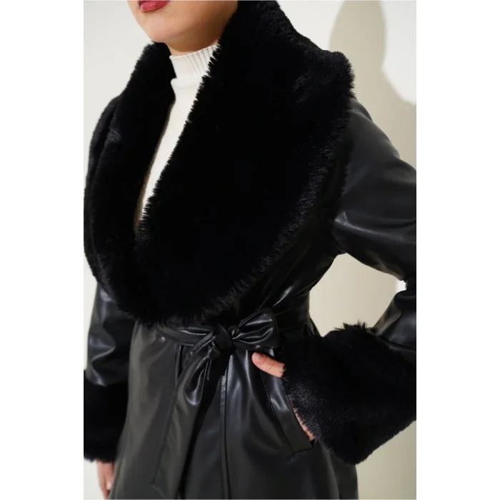 1026 Yaka Kürklü Kemerli Suni Deri Mont