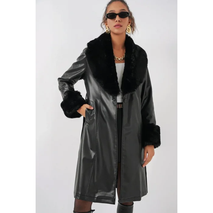 1045 Kürklü Suni Deri Kaban - Siyah