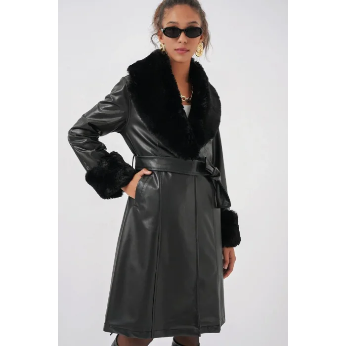 1045 Kürklü Suni Deri Kaban - Siyah