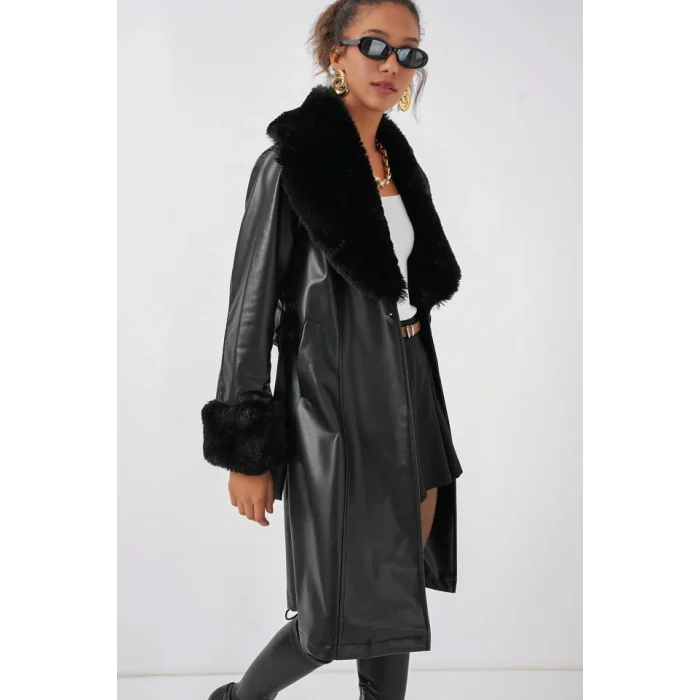 1045 Kürklü Suni Deri Kaban - Siyah
