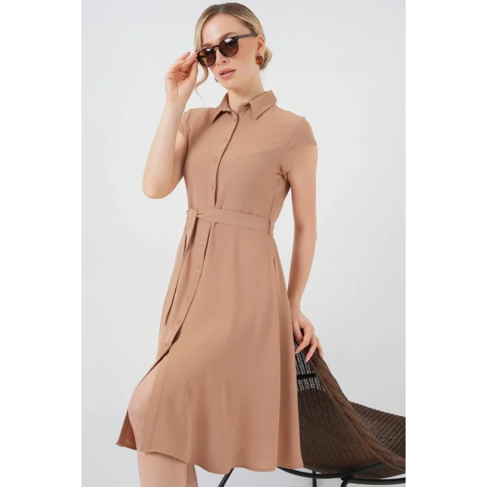 1677 Boydan Düğmeli Kuşaklı Elbise - Bisküvi