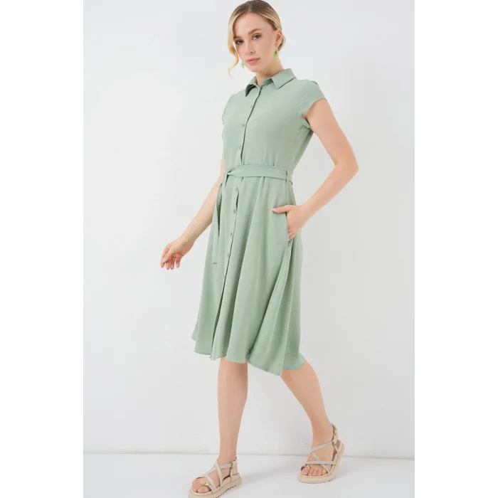 1677 Boydan Düğmeli Kuşaklı Elbise - E.Yeşil