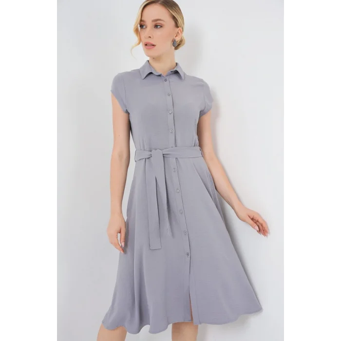 1677 Boydan Düğmeli Kuşaklı Elbise - Gri