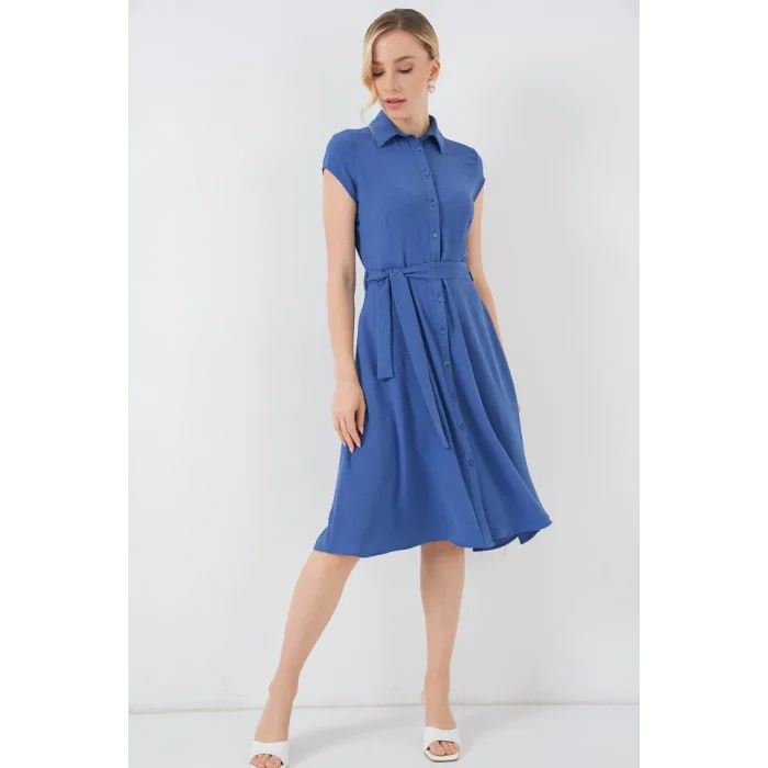 1677 Boydan Düğmeli Kuşaklı Elbise - İndigo