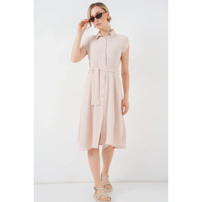 1677 Boydan Düğmeli Kuşaklı Elbise - Krem