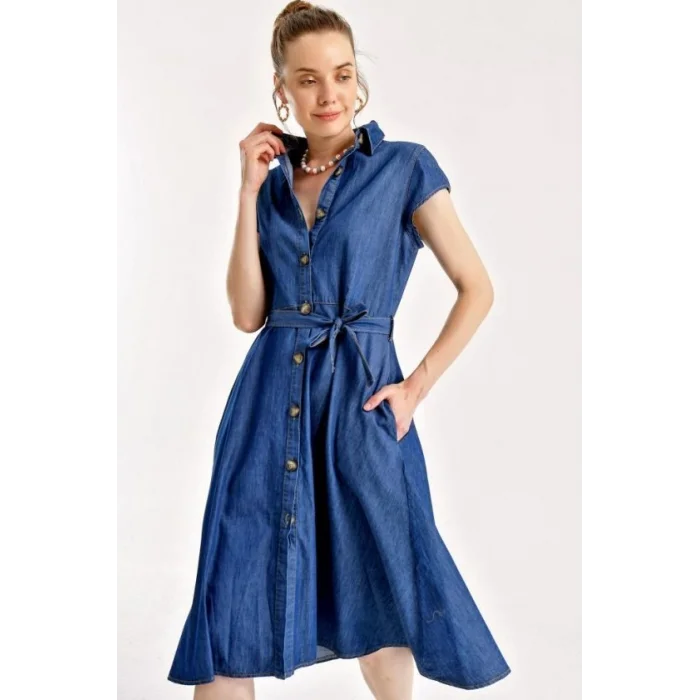 1677 Boydan Düğmeli Kuşaklı Kot Elbise - Lacivert