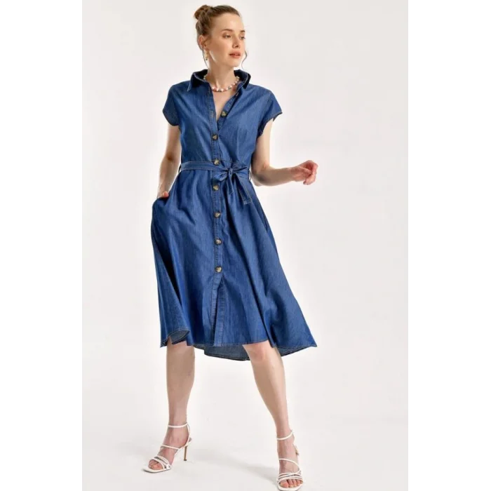 1677 Boydan Düğmeli Kuşaklı Kot Elbise - Lacivert