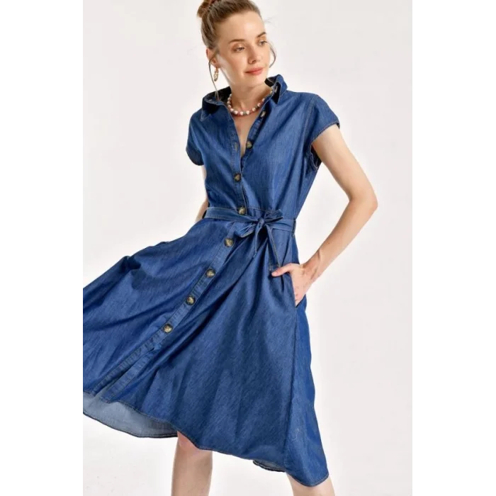 1677 Boydan Düğmeli Kuşaklı Kot Elbise - Lacivert