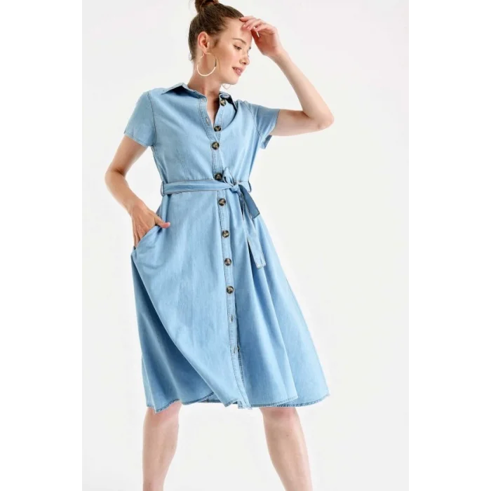 1677 Boydan Düğmeli Kuşaklı Kot Elbise - Mavi