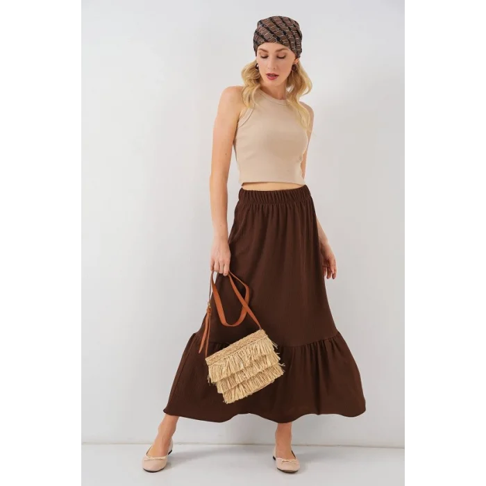 1886 Uzun Örme Etek - Kahverengi