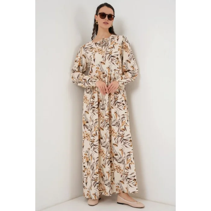 1947 Desenli Uzun Elbise - Bej