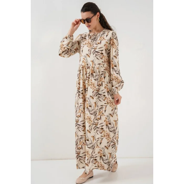 1947 Desenli Uzun Elbise - Bej