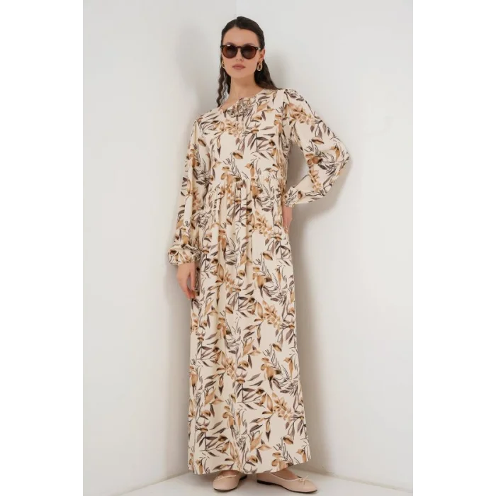 1947 Desenli Uzun Elbise - Bej