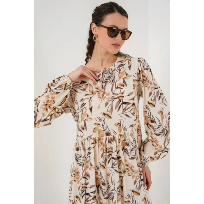 1947 Desenli Uzun Elbise - Bej