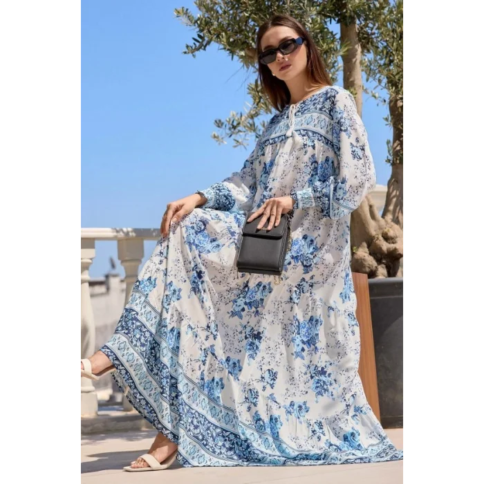 1947 Desenli Uzun Elbise - Beyaz