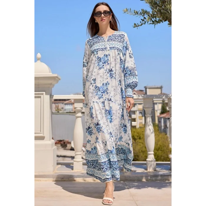 1947 Desenli Uzun Elbise - Beyaz