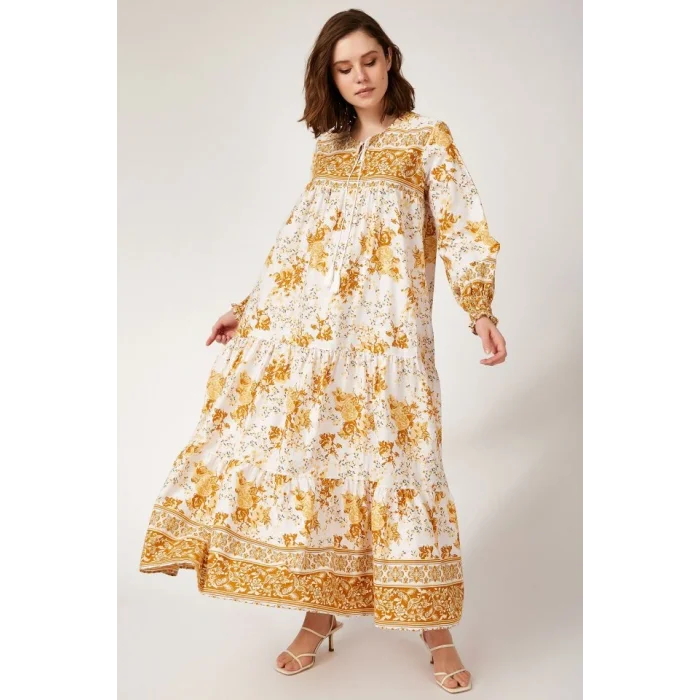 1947 Desenli Uzun Elbise - Hardal