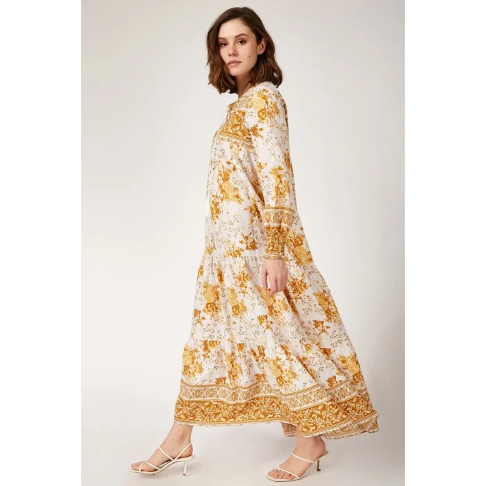 1947 Desenli Uzun Elbise - Hardal