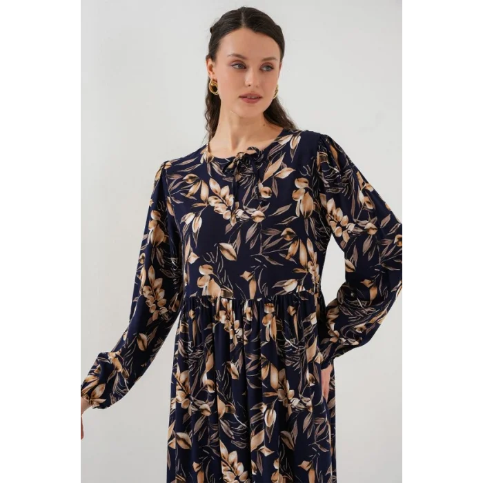 1947 Desenli Uzun Elbise - M. Lacivert