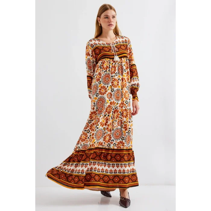 1947 Desenli Uzun Elbise - T. Kahverengi
