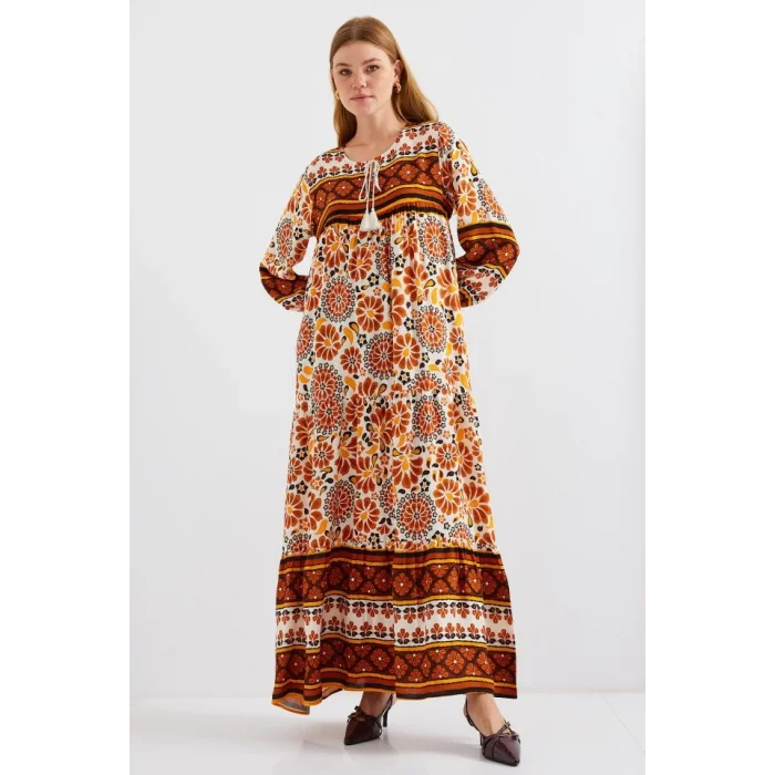 1947 Desenli Uzun Elbise - T. Kahverengi