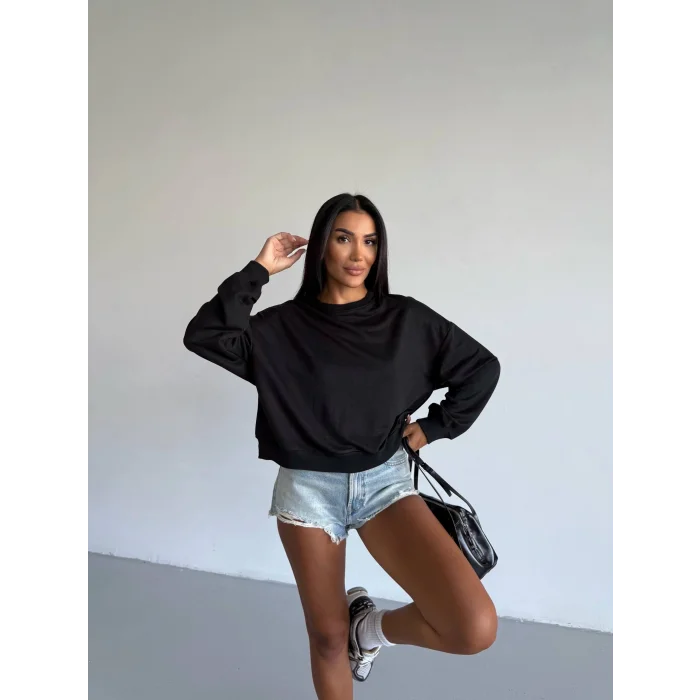 2 iplik bisiklet yaka sweat siyah f2339