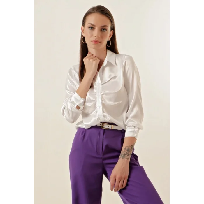 20112 Büzgülü Saten Gömlek - Beyaz