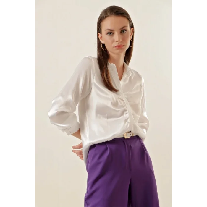 20112 Büzgülü Saten Gömlek - Beyaz