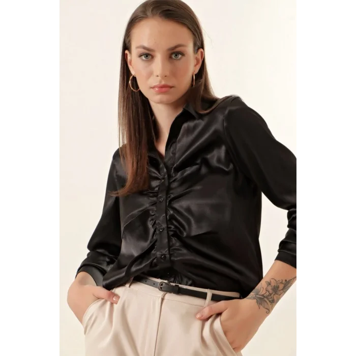 20112 Büzgülü Saten Gömlek - Siyah