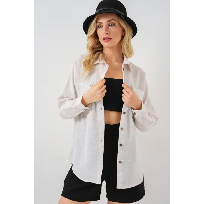 20126 Oversize Keten Gömlek - Beyaz