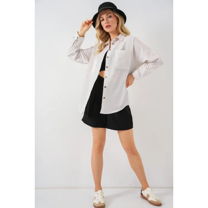 20126 Oversize Keten Gömlek - Beyaz