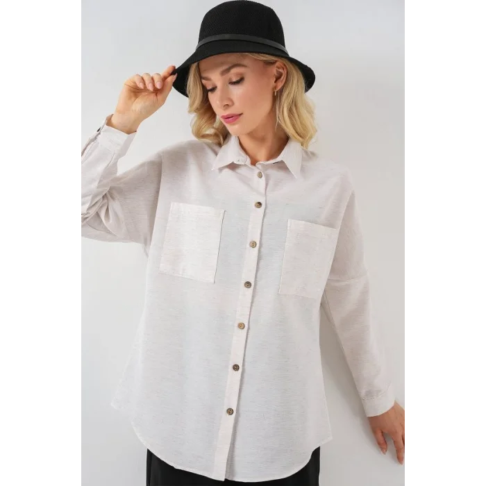 20126 Oversize Keten Gömlek - Beyaz