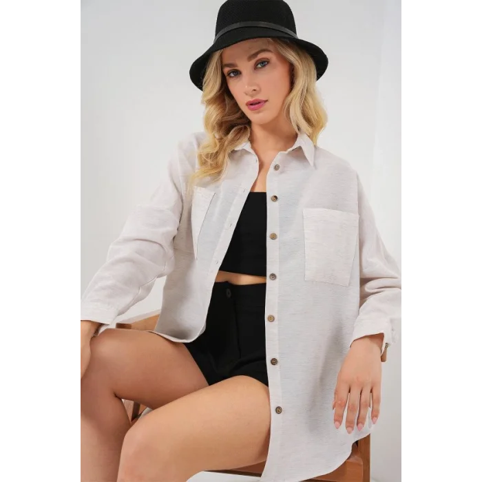 20126 Oversize Keten Gömlek - Beyaz