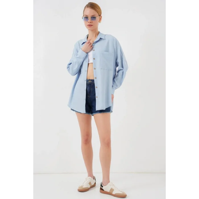 20126 Oversize Keten Gömlek - Mavi