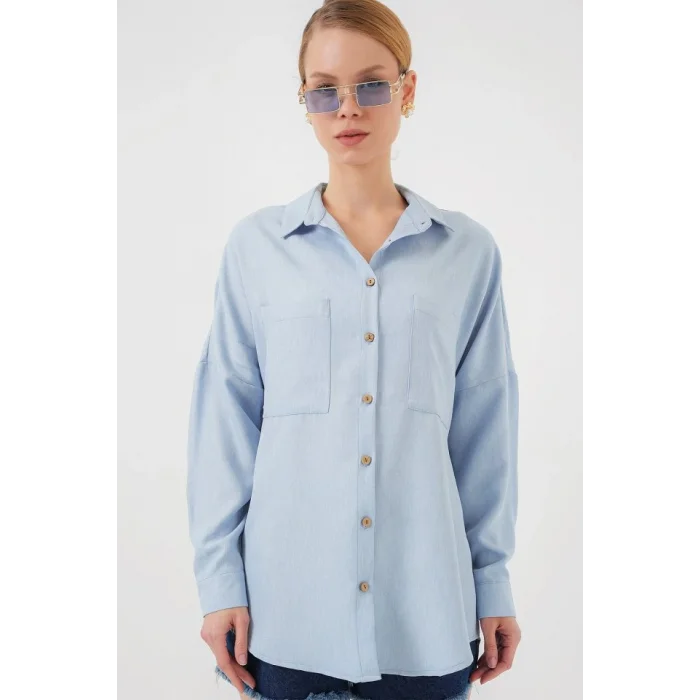 20126 Oversize Keten Gömlek - Mavi