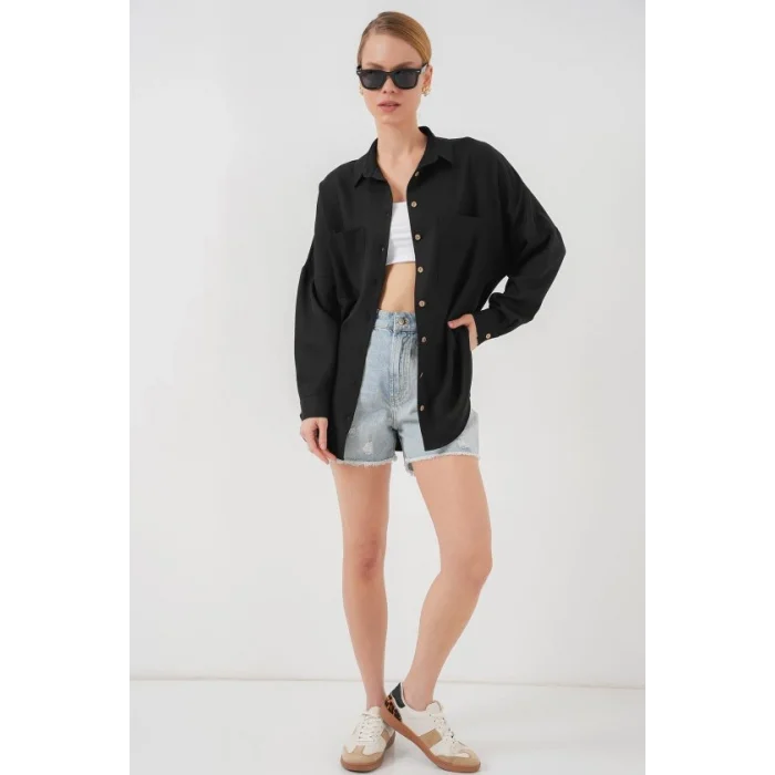 20126 Oversize Keten Gömlek - Siyah