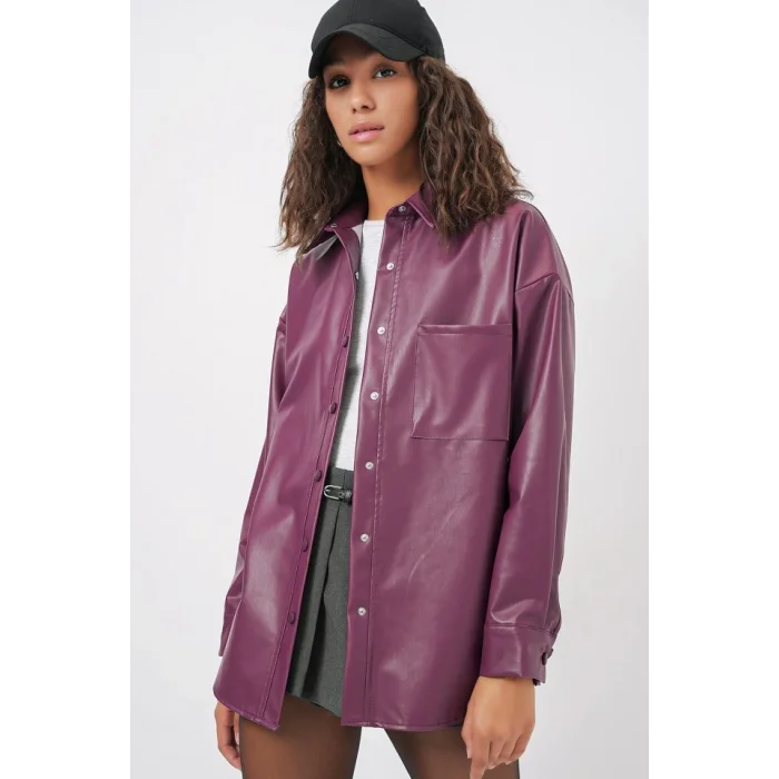 20134 Oversize Suni Deri Gömlek - Mürdüm