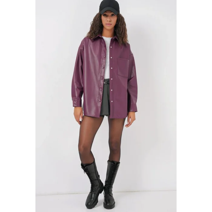 20134 Oversize Suni Deri Gömlek - Mürdüm