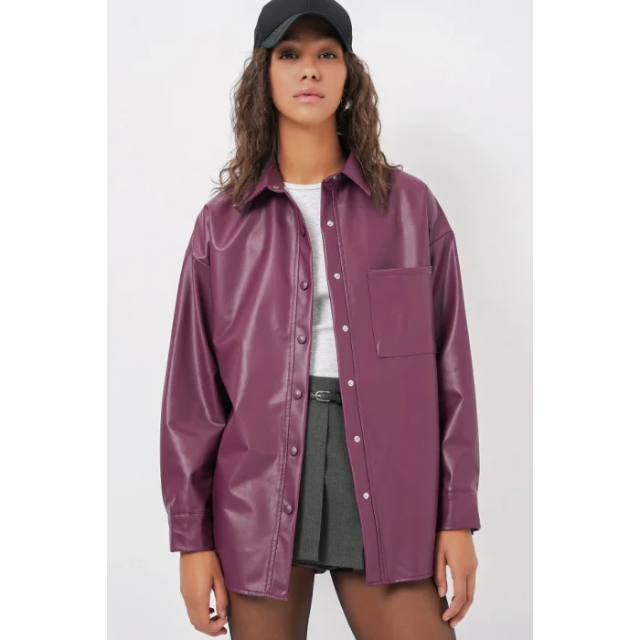 20134 Oversize Suni Deri Gömlek - Mürdüm