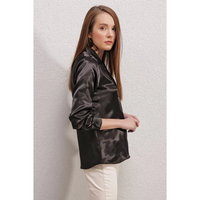 20140 Kruvaze Yaka Saten Gömlek - Siyah