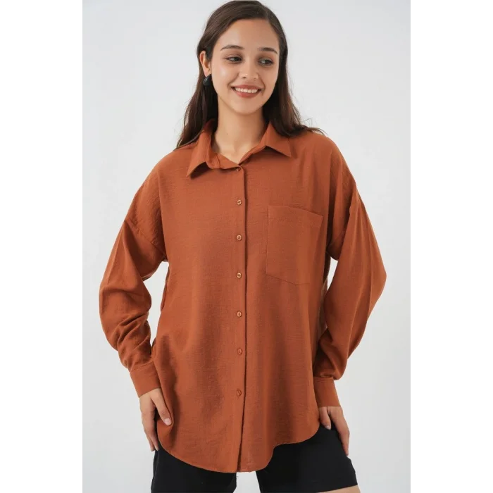 20153 Tek Cepli Oversize Keten Gömlek - A. Kiremit