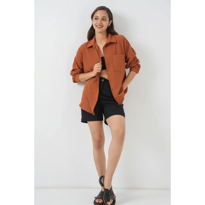 20153 Tek Cepli Oversize Keten Gömlek - A. Kiremit