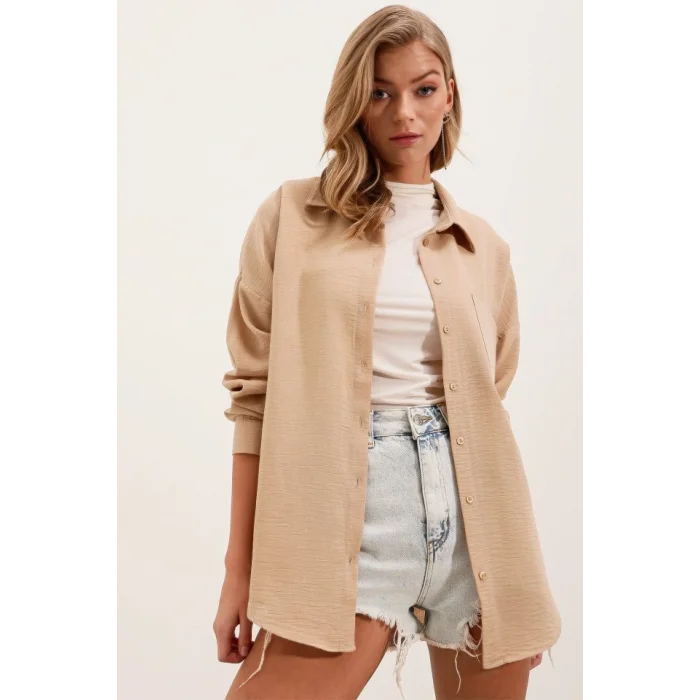20153 Tek Cepli Oversize Keten Gömlek - A.Bej